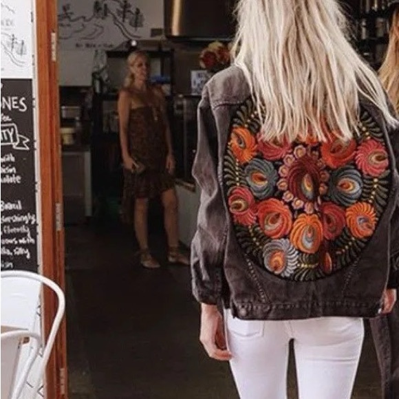nwt jacket Boho Floral Embroidery - faded black denim jean charcoal coat flowers - Picture 7 of 16